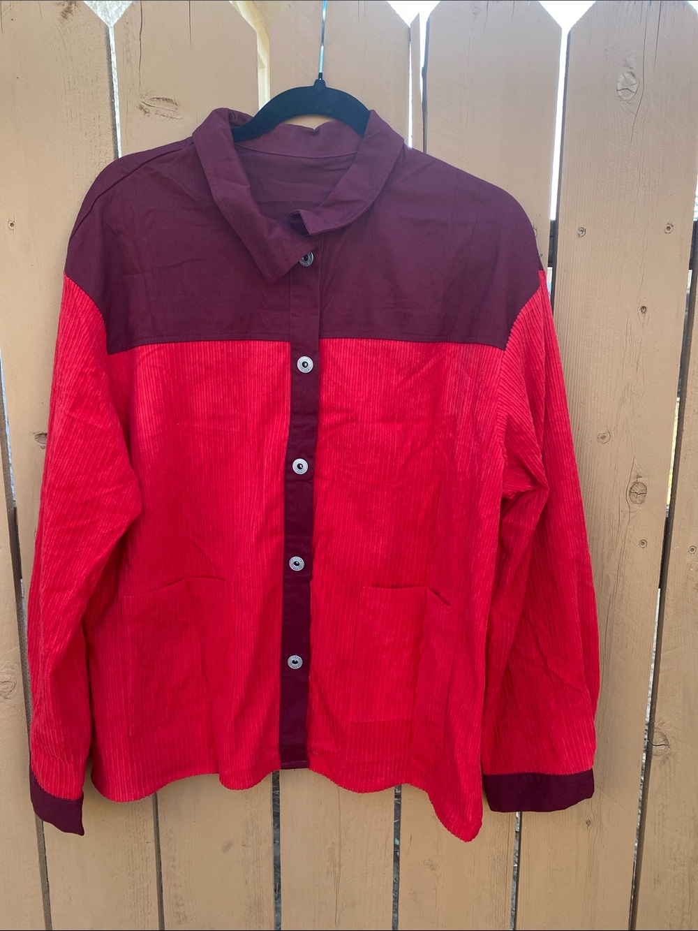 Women’s Two-Tone Red Corduroy Button-Up Shirt